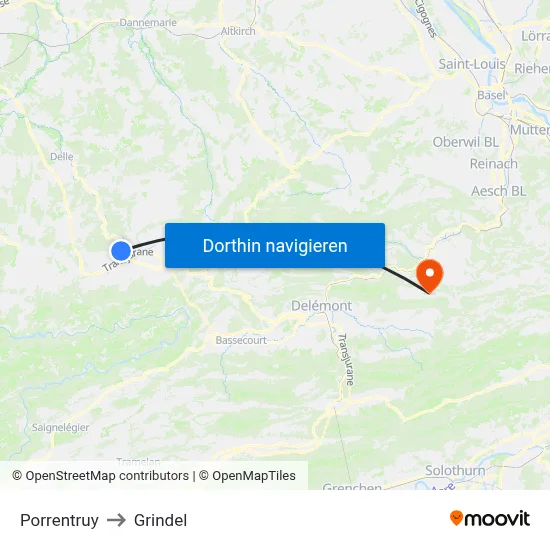 Porrentruy to Grindel map