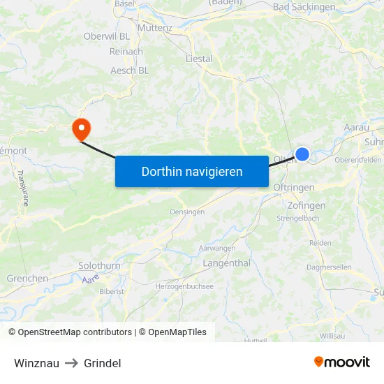 Winznau to Grindel map