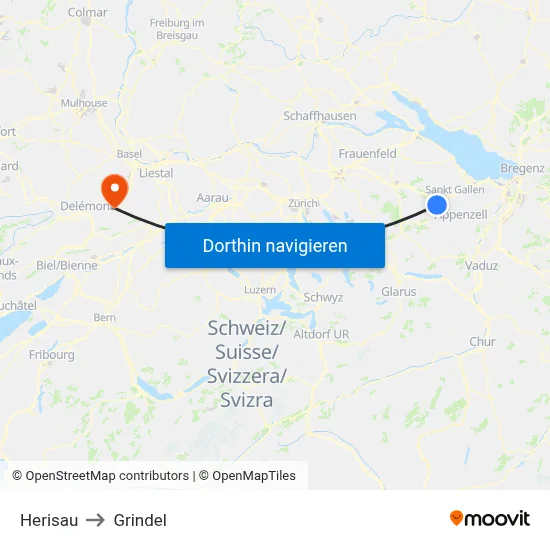 Herisau to Grindel map