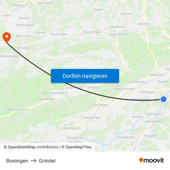 Boningen to Grindel map
