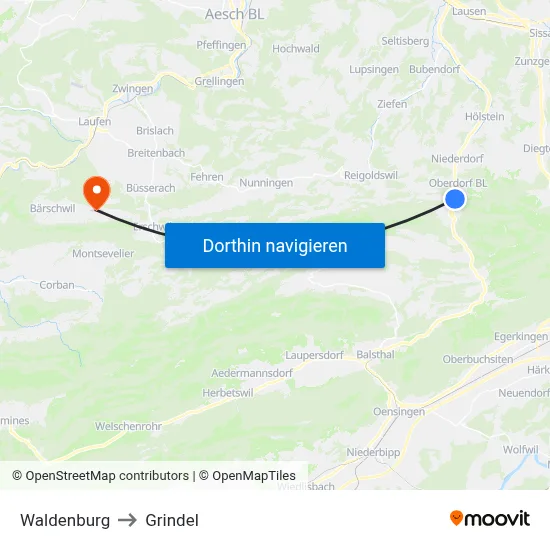 Waldenburg to Grindel map