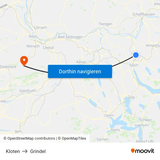 Kloten to Grindel map