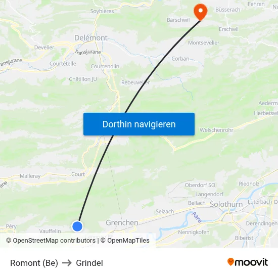 Romont (Be) to Grindel map