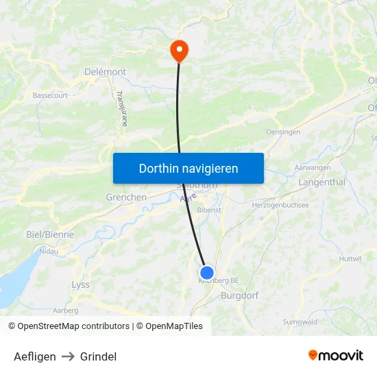 Aefligen to Grindel map
