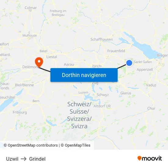 Uzwil to Grindel map