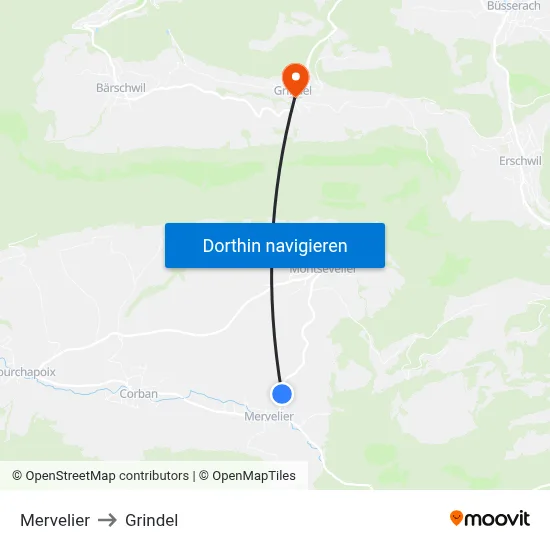 Mervelier to Grindel map