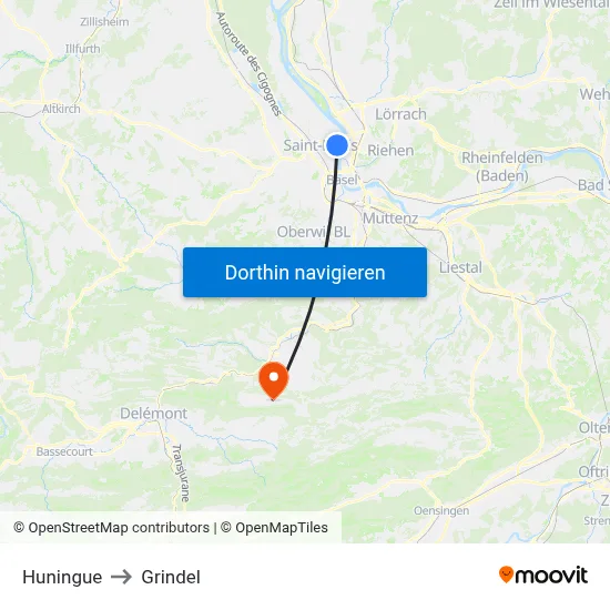 Huningue to Grindel map