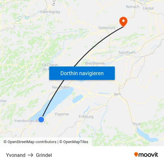 Yvonand to Grindel map