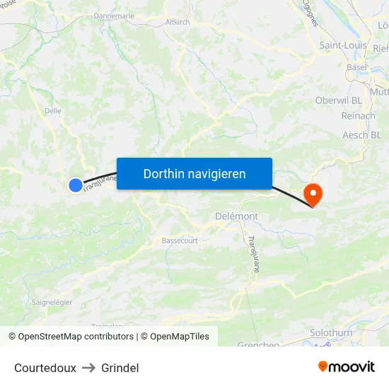 Courtedoux to Grindel map