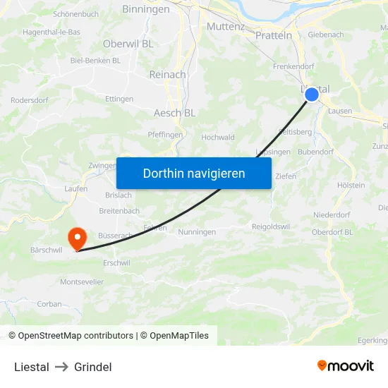 Liestal to Grindel map