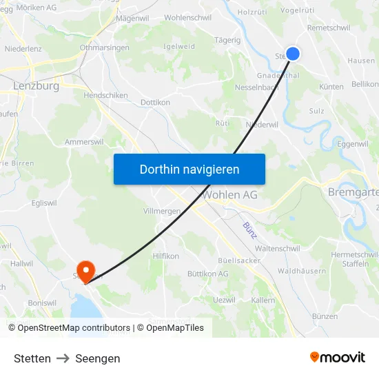 Stetten to Seengen map