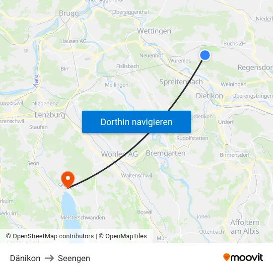 Dänikon to Seengen map