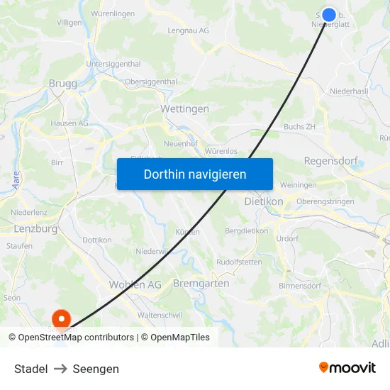 Stadel to Seengen map