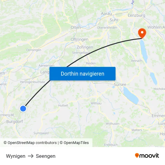 Wynigen to Seengen map