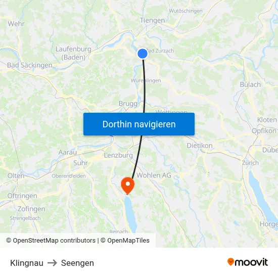 Klingnau to Seengen map