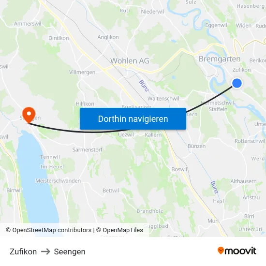 Zufikon to Seengen map