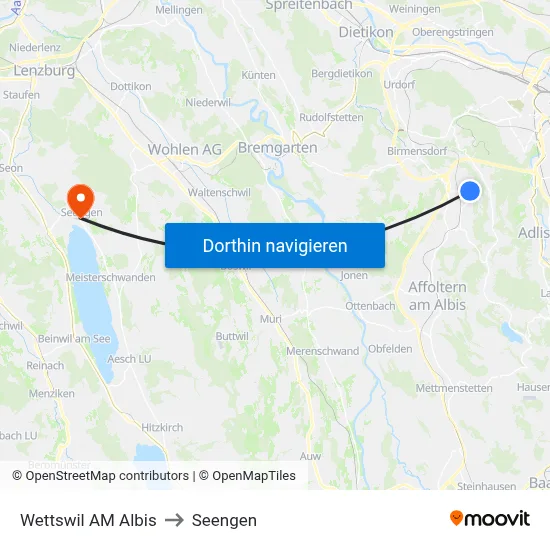 Wettswil AM Albis to Seengen map
