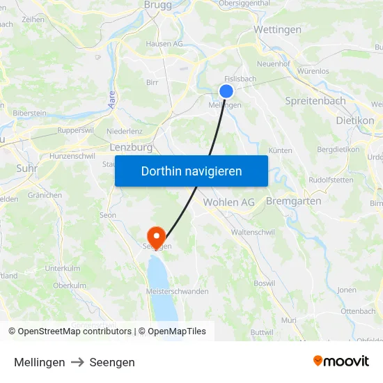 Mellingen to Seengen map