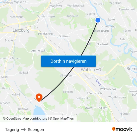 Tägerig to Seengen map