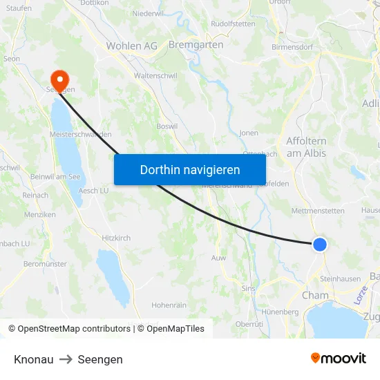 Knonau to Seengen map