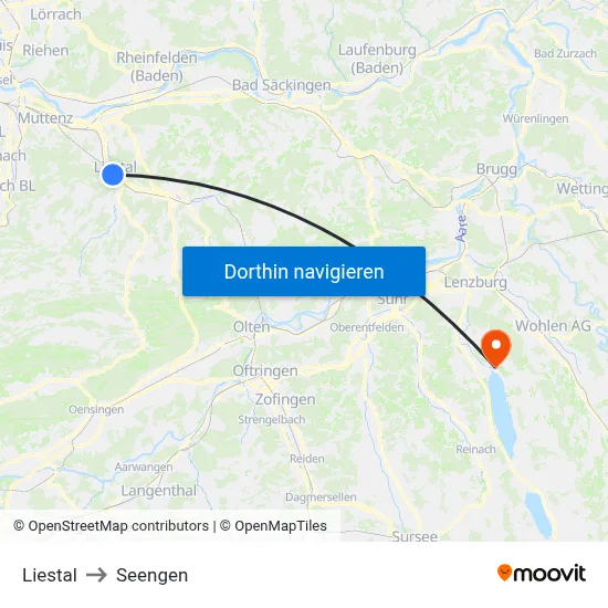 Liestal to Seengen map
