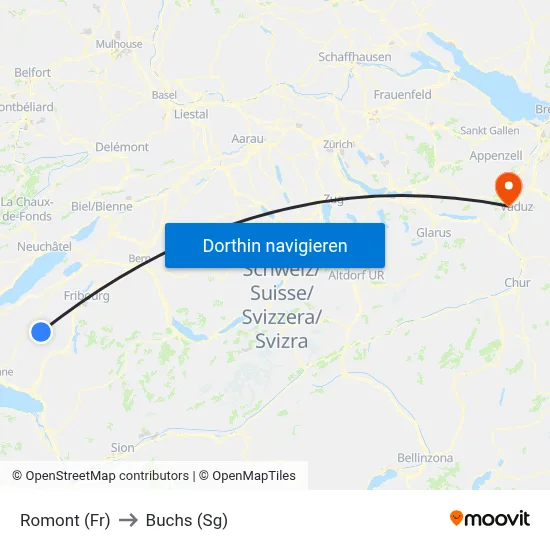 Romont (Fr) to Buchs (Sg) map