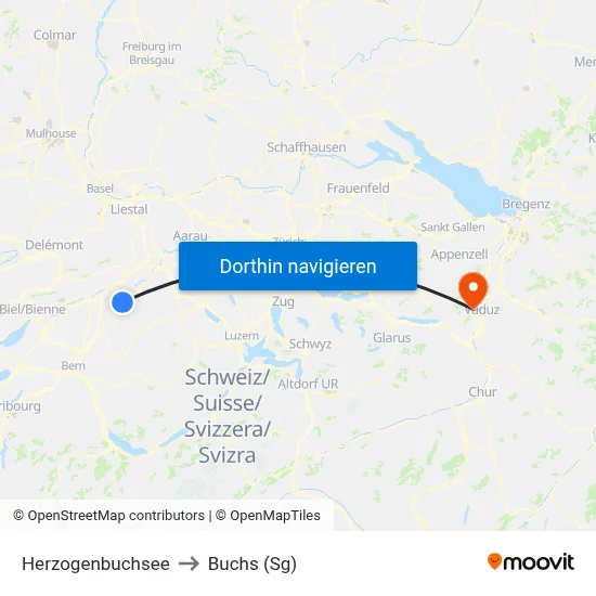 Herzogenbuchsee to Buchs (Sg) map