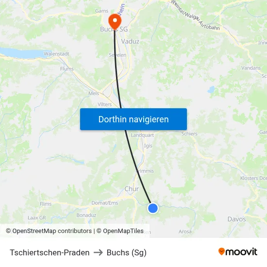 Tschiertschen-Praden to Buchs (Sg) map