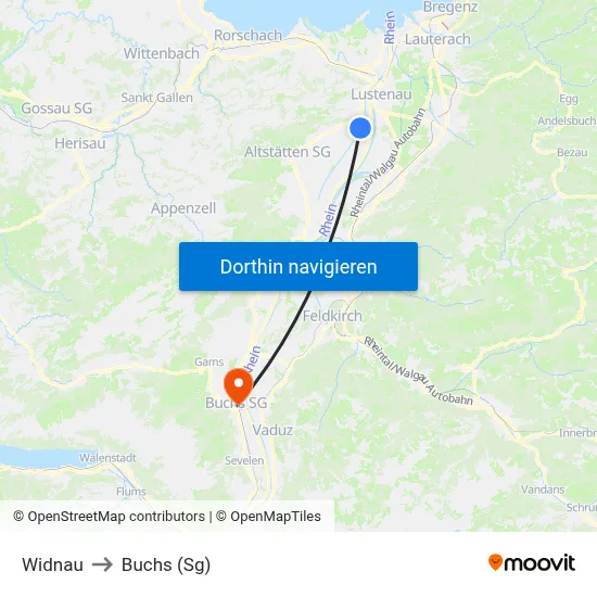 Widnau to Buchs (Sg) map