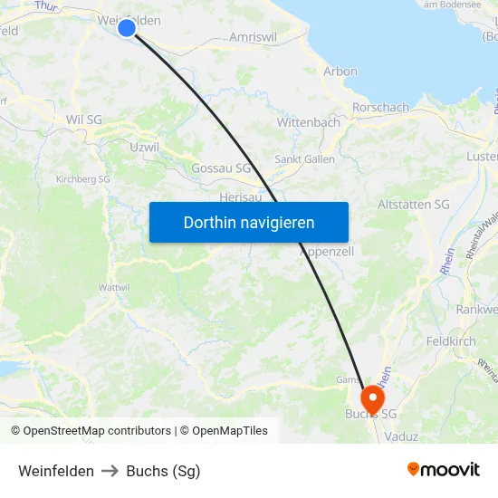Weinfelden to Buchs (Sg) map