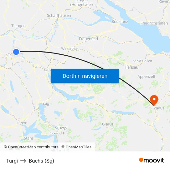 Turgi to Buchs (Sg) map