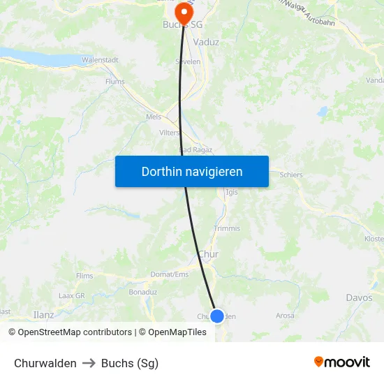 Churwalden to Buchs (Sg) map