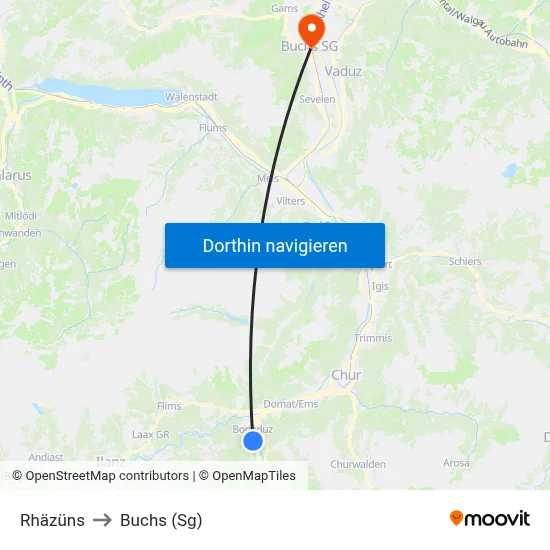 Rhäzüns to Buchs (Sg) map