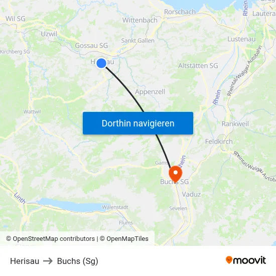 Herisau to Buchs (Sg) map