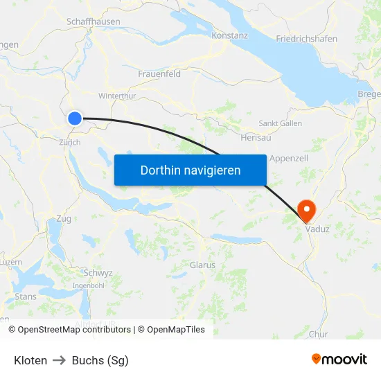 Kloten to Buchs (Sg) map