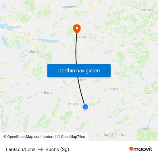 Lantsch/Lenz to Buchs (Sg) map