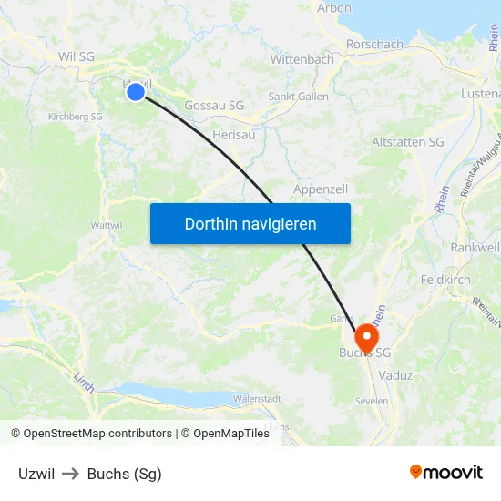 Uzwil to Buchs (Sg) map