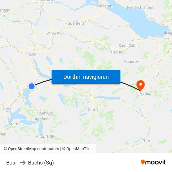 Baar to Buchs (Sg) map
