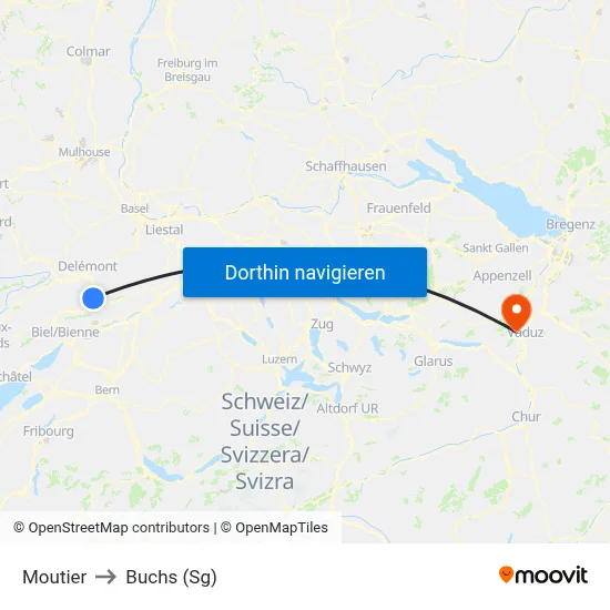 Moutier to Buchs (Sg) map
