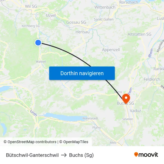 Bütschwil-Ganterschwil to Buchs (Sg) map