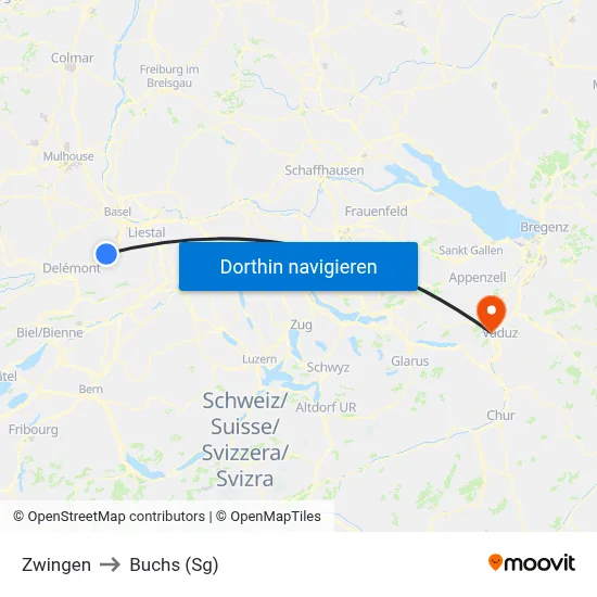 Zwingen to Buchs (Sg) map