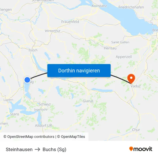 Steinhausen to Buchs (Sg) map