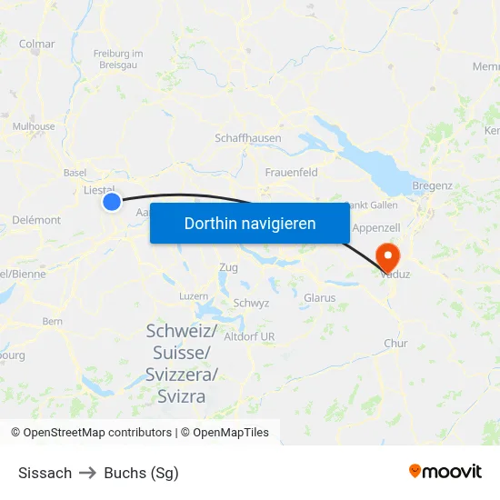 Sissach to Buchs (Sg) map