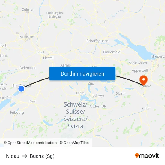 Nidau to Buchs (Sg) map