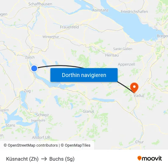 Küsnacht (Zh) to Buchs (Sg) map