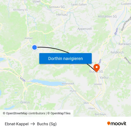 Ebnat-Kappel to Buchs (Sg) map