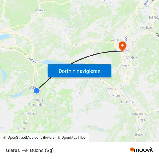 Glarus to Buchs (Sg) map