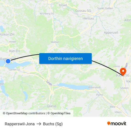Rapperswil-Jona to Buchs (Sg) map