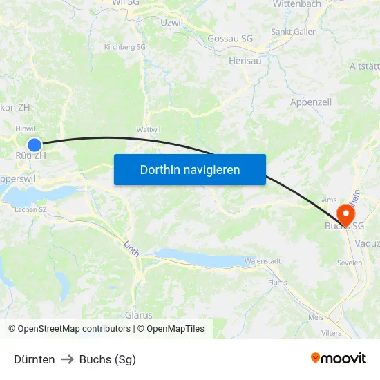 Dürnten to Buchs (Sg) map