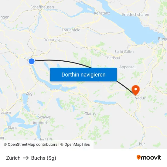 Zürich to Buchs (Sg) map